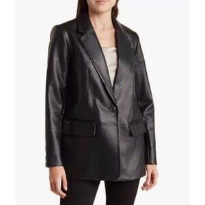BCBGMAXAZRIA Faux Leather Blazer Jacket Black One Button Womens Size Medium
